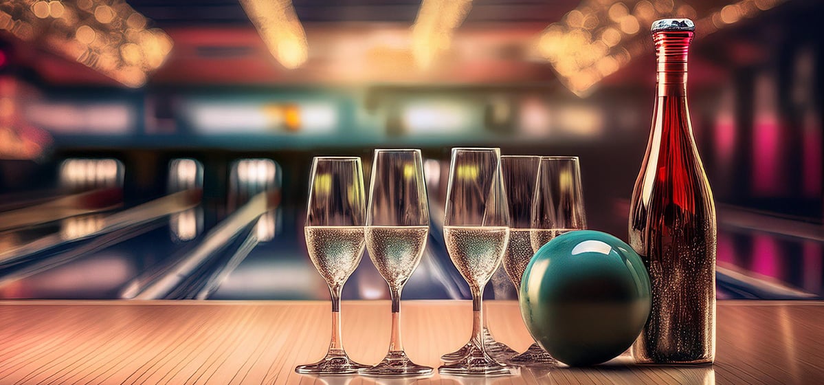 bowling lanes with champagne and bowling ball